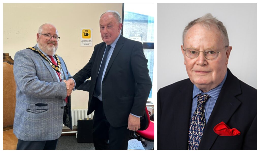 Left: Cllr Mark Goldsack receiving the chairman’s medallion and a scroll from Cllr Alan Sharp, who stepped down in 2023 after two years as chairman but retained his role as Woodditton ward councillor. Right: Independent Woodditton councillor James Lay