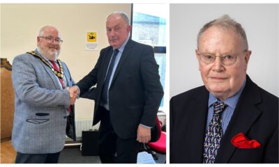 Left: Cllr Mark Goldsack receiving the chairman’s medallion and a scroll from Cllr Alan Sharp, who stepped down in 2023 after two years as chairman but retained his role as Woodditton ward councillor. Right: Independent Woodditton councillor James Lay